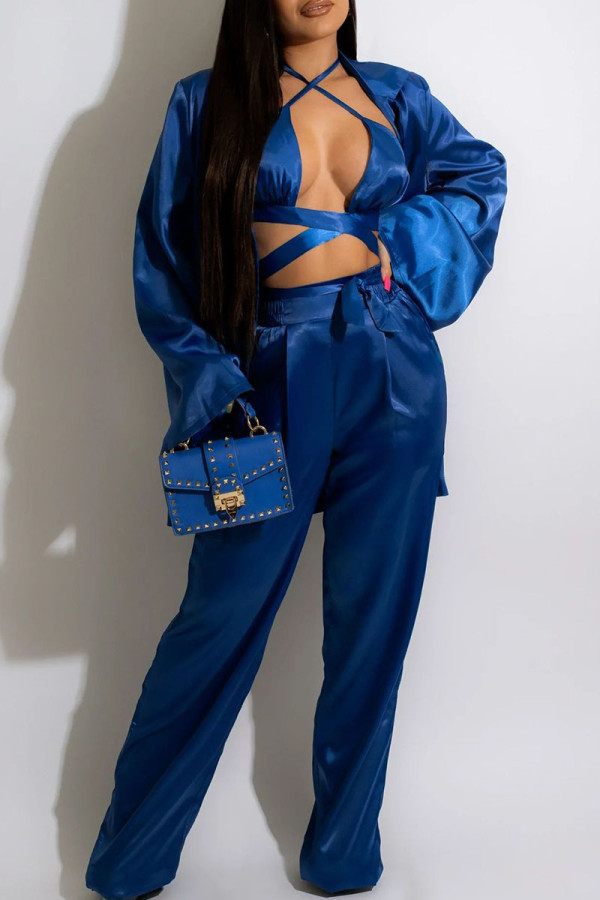 Deep Blue Sexy Solid Patchwork Turndown Collar Long Sleeve Three Pieces