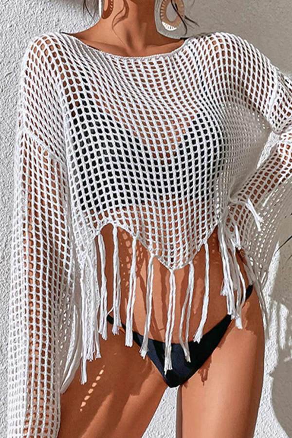 White Sexy Solid Tassel Hollowed Out Patchwork Swimwears Cover Up