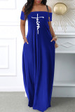 Blue Sexy Casual Print Backless Off the Shoulder Short Sleeve Dress Dresses