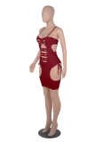 Pink Sexy Solid Hollowed Out Spaghetti Strap Pencil Skirt Dresses