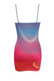 Red Blue Sexy Gradual Change Print Patchwork Spaghetti Strap Sling Dress Dresses