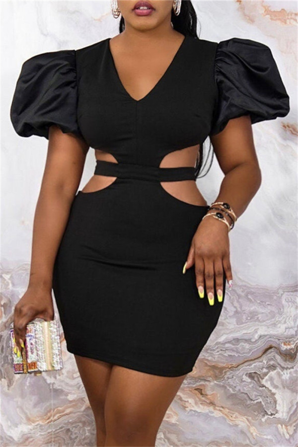 Black Fashion Sexy Solid Hollowed Out Patchwork V Neck Short Sleeve Dress