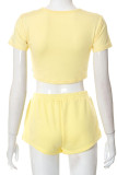 Yellow Casual Solid Embroidered Patchwork Asymmetrical O Neck Short Sleeve Two Pieces
