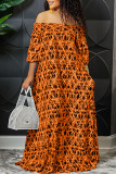 Blue Casual Print Patchwork Off the Shoulder Straight Dresses