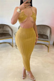Yellow Fashion Sexy Solid Bandage Backless Halter Sleeveless Two Pieces