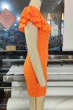 Tangerine Sweet Solid Patchwork Flounce O Neck Pencil Skirt Dresses