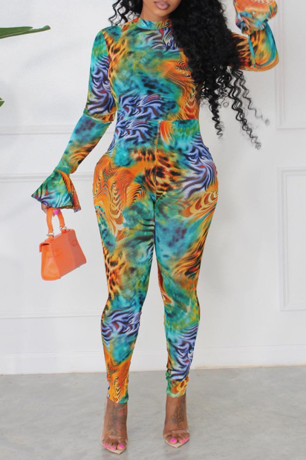 Colour Sexy Print Patchwork O Neck Skinny Jumpsuits