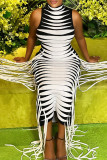 Black White Sexy Print Tassel Patchwork Turtleneck One Step Skirt Dresses