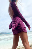 Blue Fashion Sexy Solid Backless O Neck Long Sleeve Dresses