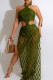 Army Green Fashion Sexy Patchwork Solid See-through Backless Halter Sleeveless Dress