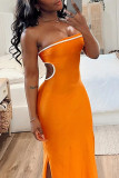 Orange Fashion Sexy Solid Hollowed Out Backless Slit Strapless Long Dress