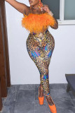 Orange Sexy Print Tassel Patchwork Strapless Sleeveless Two Pieces