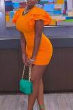 Tangerine Sweet Solid Patchwork Flounce O Neck Pencil Skirt Dresses