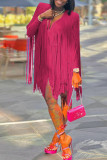 Blue Fashion Casual Solid Tassel Patchwork V Neck Straight Dresses
