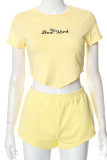 Yellow Casual Solid Embroidered Patchwork Asymmetrical O Neck Short Sleeve Two Pieces