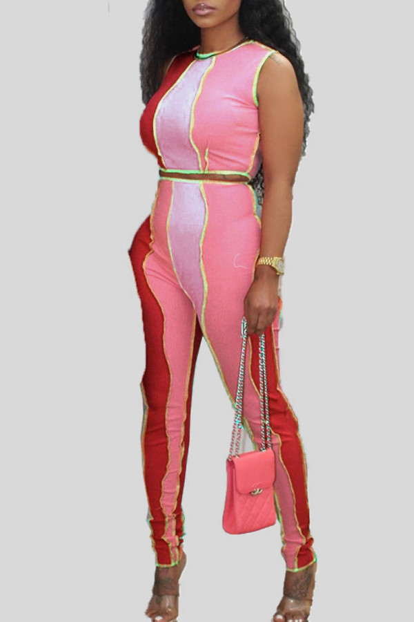 Pink Casual Solid Patchwork O Neck Sleeveless Two Pieces