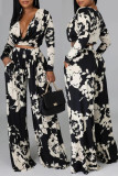 Black Red Fashion Casual Print Patchwork V Neck Long Sleeve Two Pieces