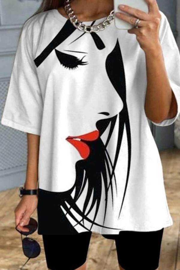 White Casual Print Patchwork O Neck T-Shirts