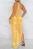 Gold Fashion Sexy Patchwork Tassel Sequins Asymmetrical One Shoulder Evening Dress