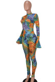Colour Sexy Print Patchwork O Neck Skinny Jumpsuits