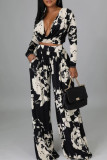 Black Red Fashion Casual Print Patchwork V Neck Long Sleeve Two Pieces
