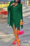 Blue Fashion Casual Solid Tassel Patchwork V Neck Straight Dresses