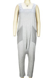 Grey Sexy Street Solid Patchwork Pocket V Neck Loose Jumpsuits Two Pieces