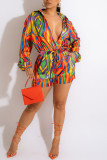 Colour Fashion Casual Print Patchwork Buckle Turndown Collar Long Sleeve Two Pieces