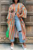 Rose Red Fashion Casual Striped Print Bandage Patchwork Outerwear