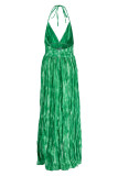 Green Sexy Print Patchwork Backless Halter A Line Dresses