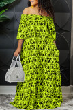 Blue Casual Print Patchwork Off the Shoulder Straight Dresses