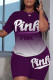 Purple Fashion Casual Gradual Change Letter Print Basic O Neck Short Sleeve Two Pieces