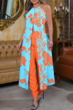 Blue Fashion Casual Print Slit O Neck Sleeveless Two Pieces