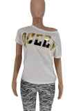 White Casual Bronzing Patchwork Oblique Collar T-Shirts