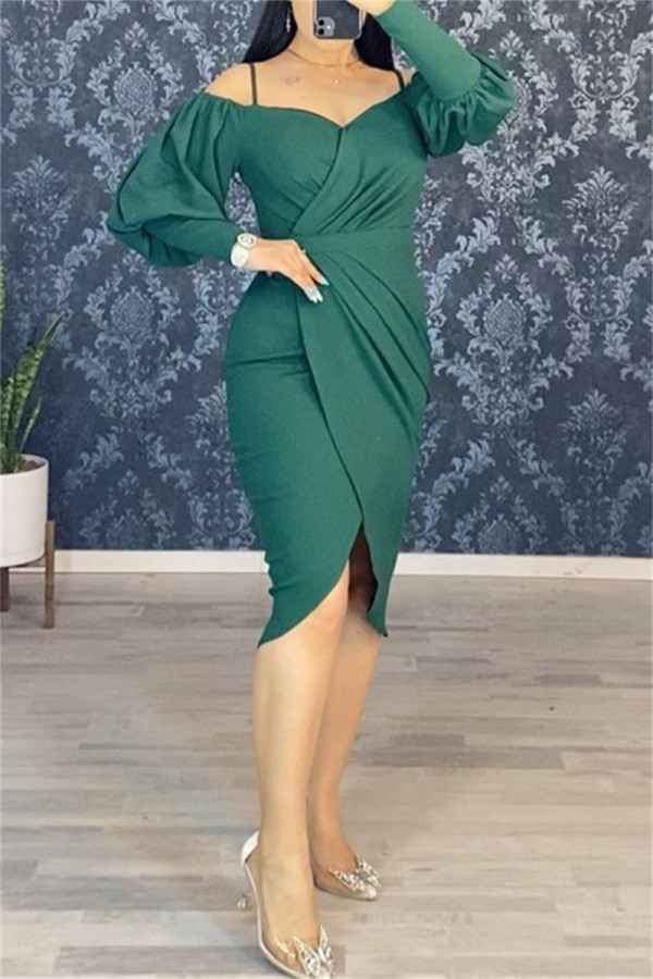 Green Fashion Casual Solid Patchwork V Neck Long Sleeve Dresses