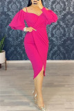 Rose Red Fashion Casual Solid Patchwork V Neck Long Sleeve Dresses