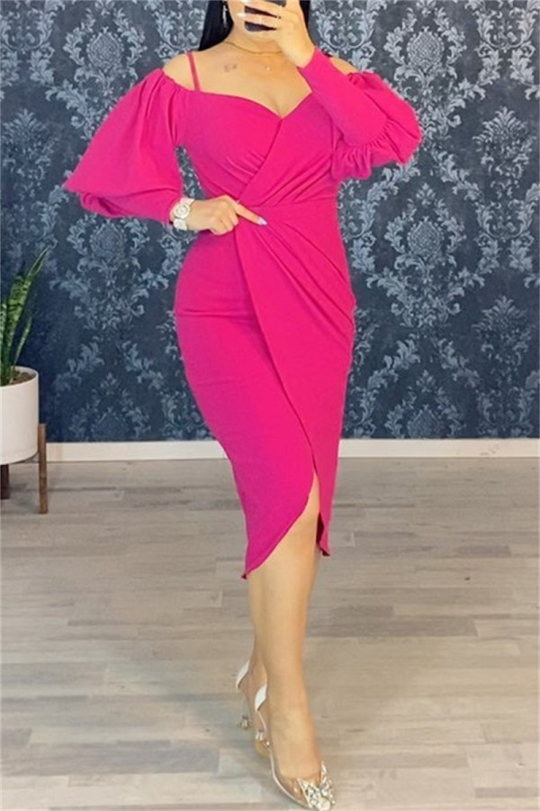 Rose Red Fashion Casual Solid Patchwork V Neck Long Sleeve Dresses