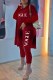 Burgundy Fashion Casual Print Letter O Neck Long Sleeve Two Pieces