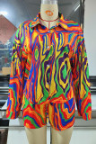 Colour Fashion Casual Print Patchwork Buckle Turndown Collar Long Sleeve Two Pieces