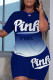Blue Fashion Casual Gradual Change Letter Print Basic O Neck Short Sleeve Two Pieces