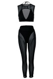 Coffee Sexy Solid Patchwork See-through O Neck Sleeveless Two Pieces