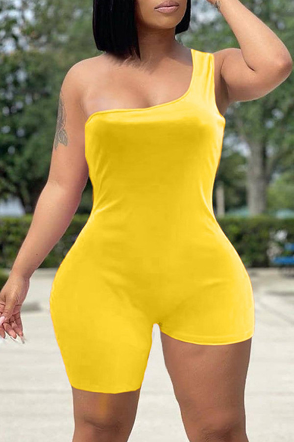 Yellow Sexy Casual Solid Asymmetrical One Shoulder Skinny Romper