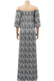 Blue Casual Print Patchwork Off the Shoulder Straight Dresses