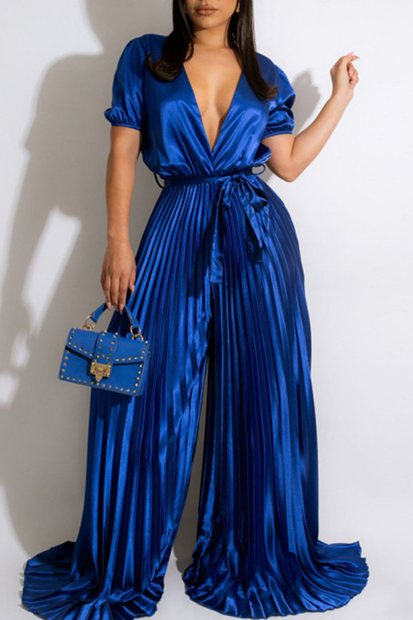 Blue Sexy Solid Patchwork Fold V Neck Straight Jumpsuits