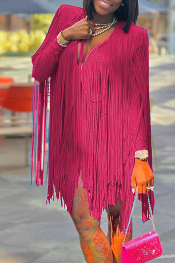 Rose Red Fashion Casual Solid Tassel Patchwork V Neck Straight Dresses