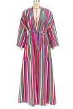 Rose Red Fashion Casual Striped Print Bandage Patchwork Outerwear