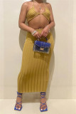 Yellow Fashion Sexy Solid Bandage Backless Halter Sleeveless Two Pieces