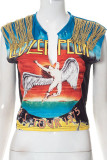 Multicolor Casual Street Print Tassel Patchwork V Neck T-Shirts