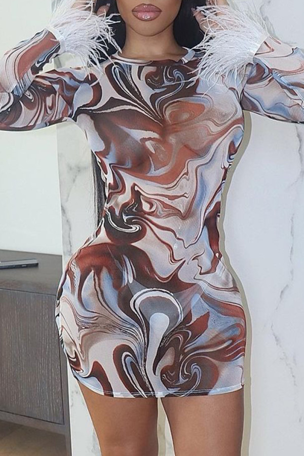 Multicolor Fashion Sexy Print Patchwork O Neck Long Sleeve Dresses