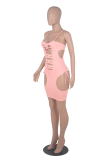 Pink Sexy Solid Hollowed Out Spaghetti Strap Pencil Skirt Dresses
